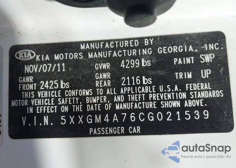 2012 Kia Optima Lx from USA, damaged, VIN 5XXGM4A76CG021539